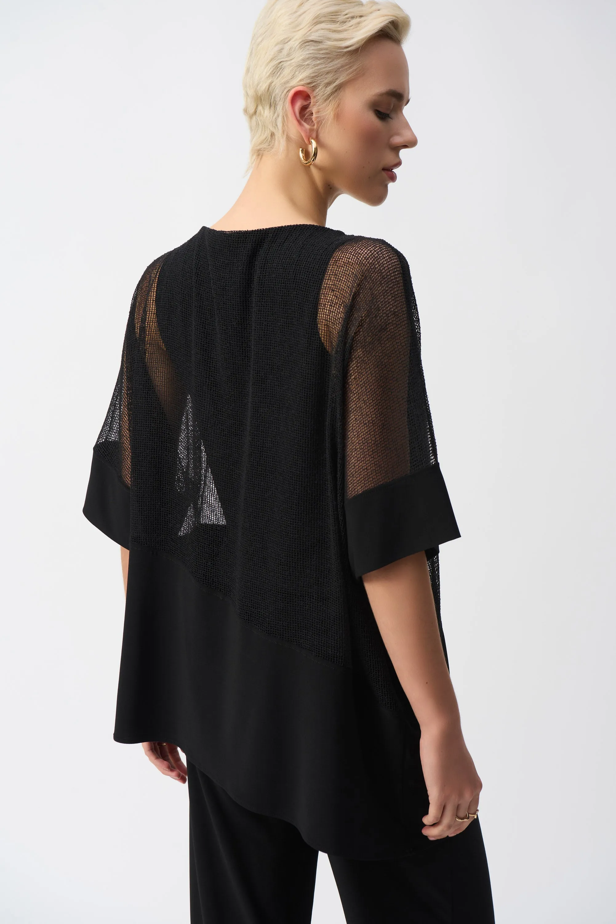 Mesh & Silky Knit Angled Top, Black