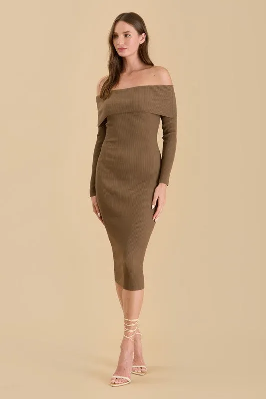 Off the Shoulder Fold Over Long Sleeve Knit Dress