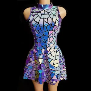 Purple Blue Designer Mirror Sleeveless Short Dress