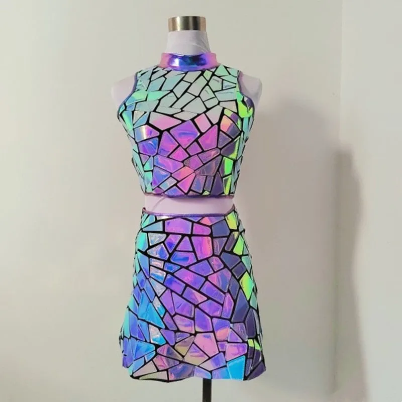 Purple Blue Designer Mirror Sleeveless Short Dress