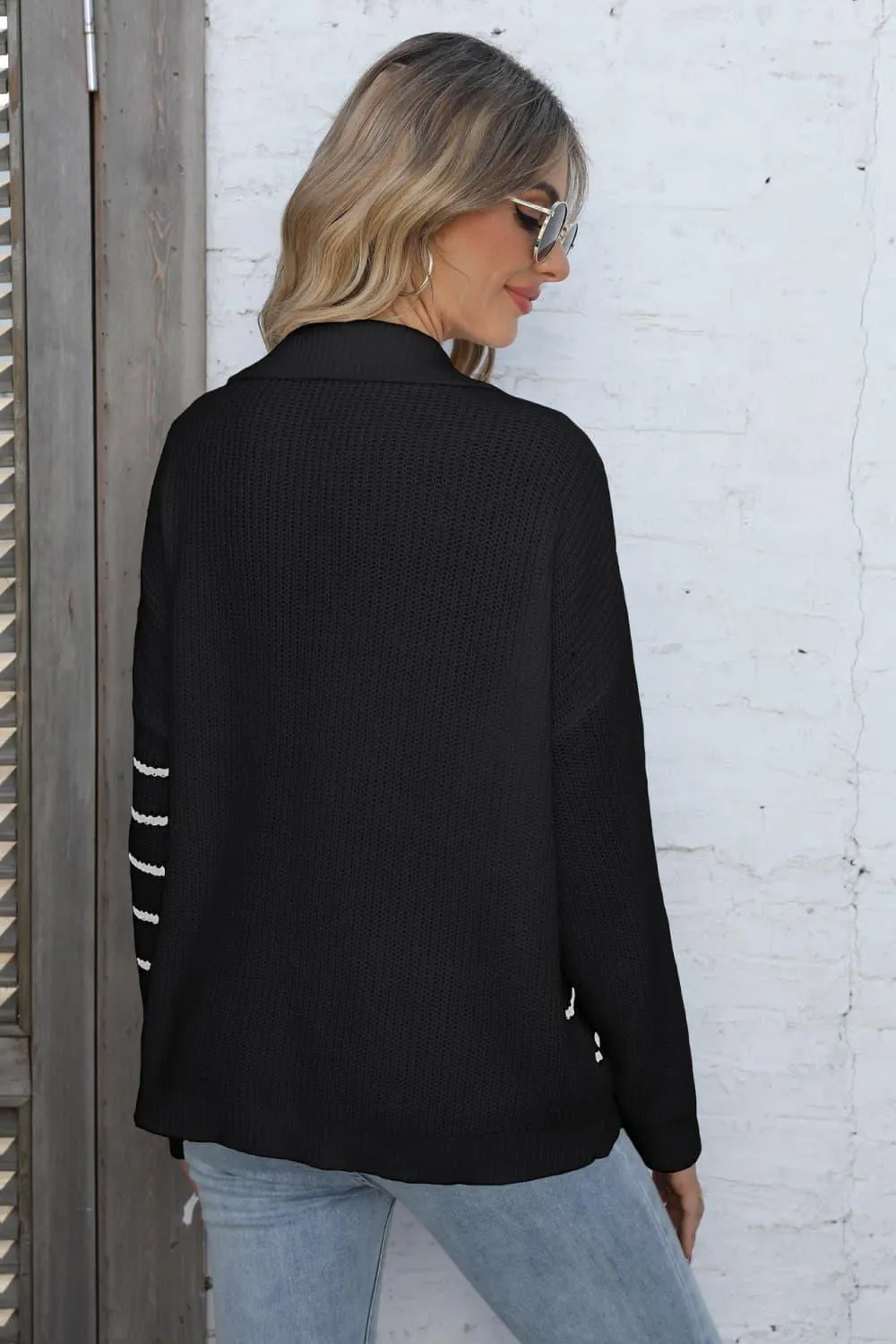 Ribbed Notched Neck Striped Sweater