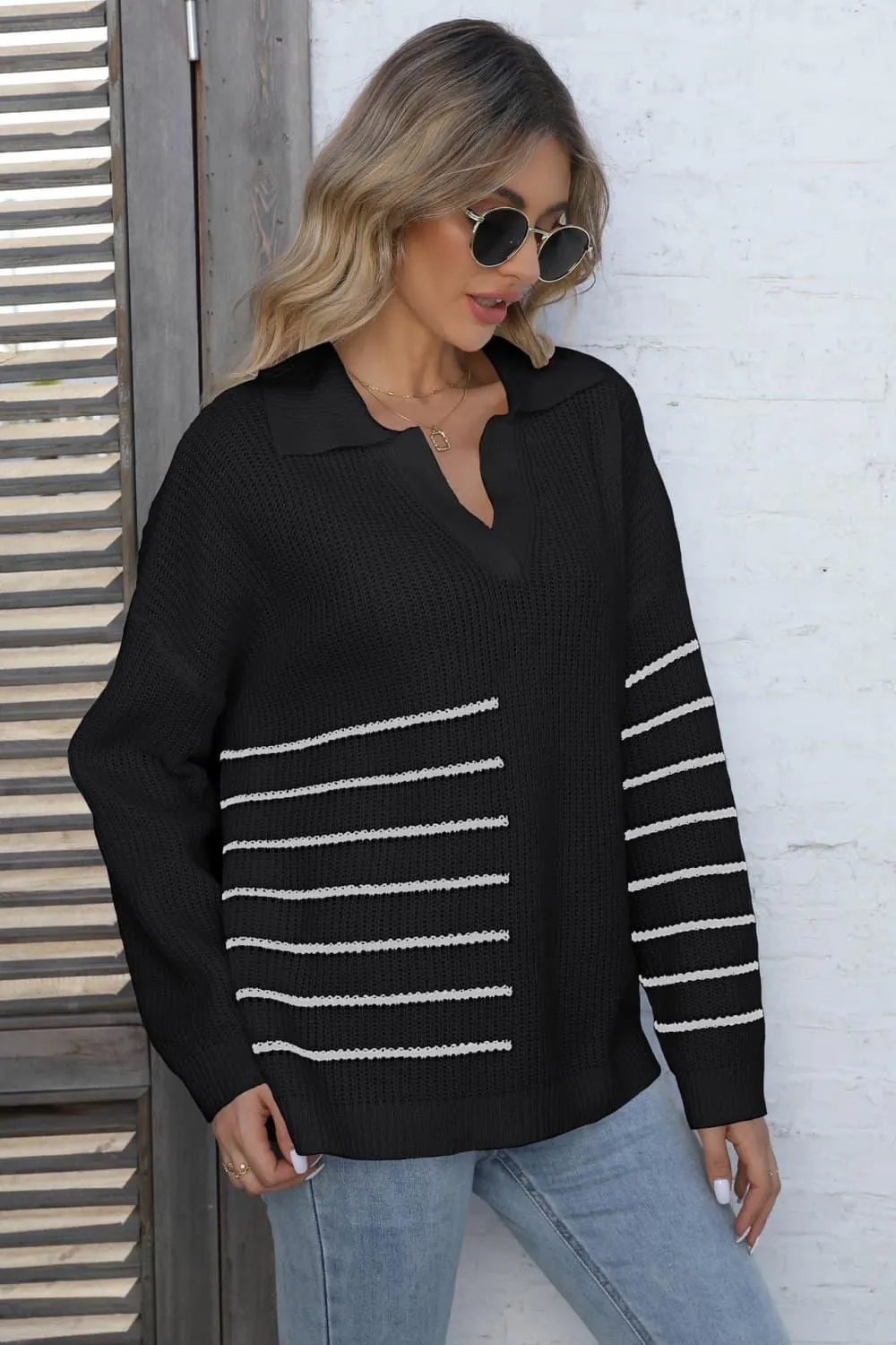 Ribbed Notched Neck Striped Sweater