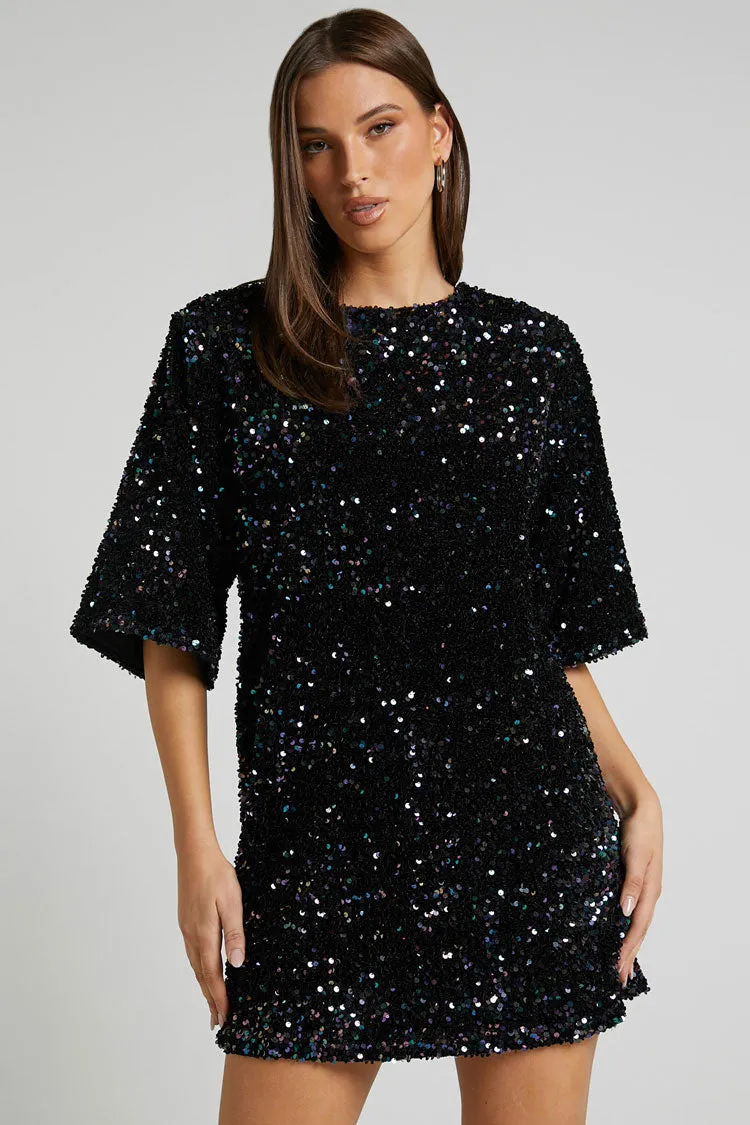 Sparkly Sequin Crew Neck Short Sleeve Oversized Velvet Party Mini Dress - Black