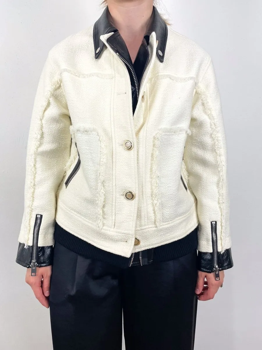 Tweed Hybrid Moto Jacket w/Leather Combo in Ivory