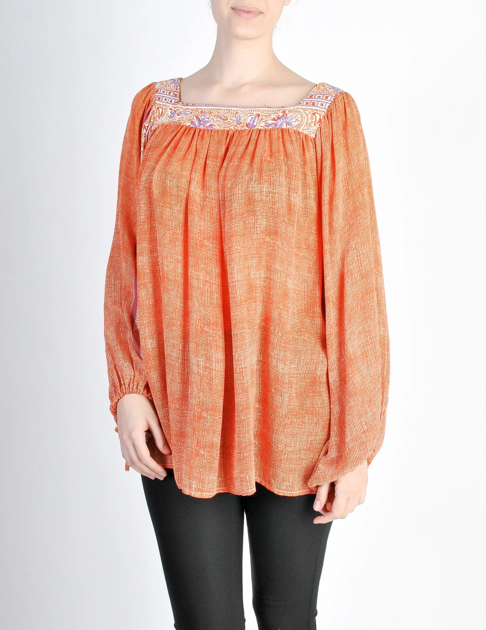 Vintage 1970s Orange Patterned Poet Sleeve Peasant Top