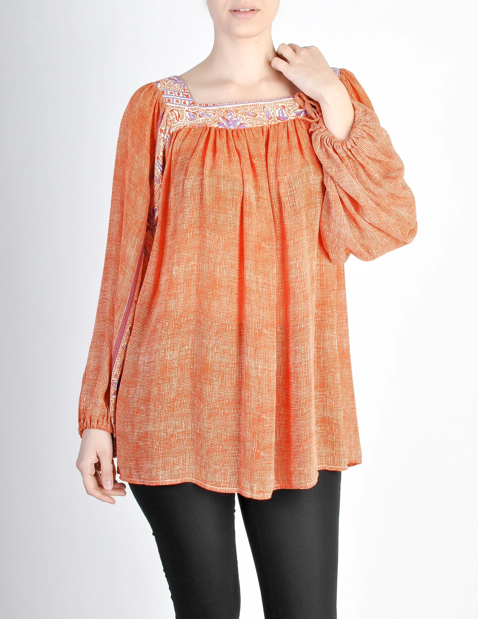 Vintage 1970s Orange Patterned Poet Sleeve Peasant Top