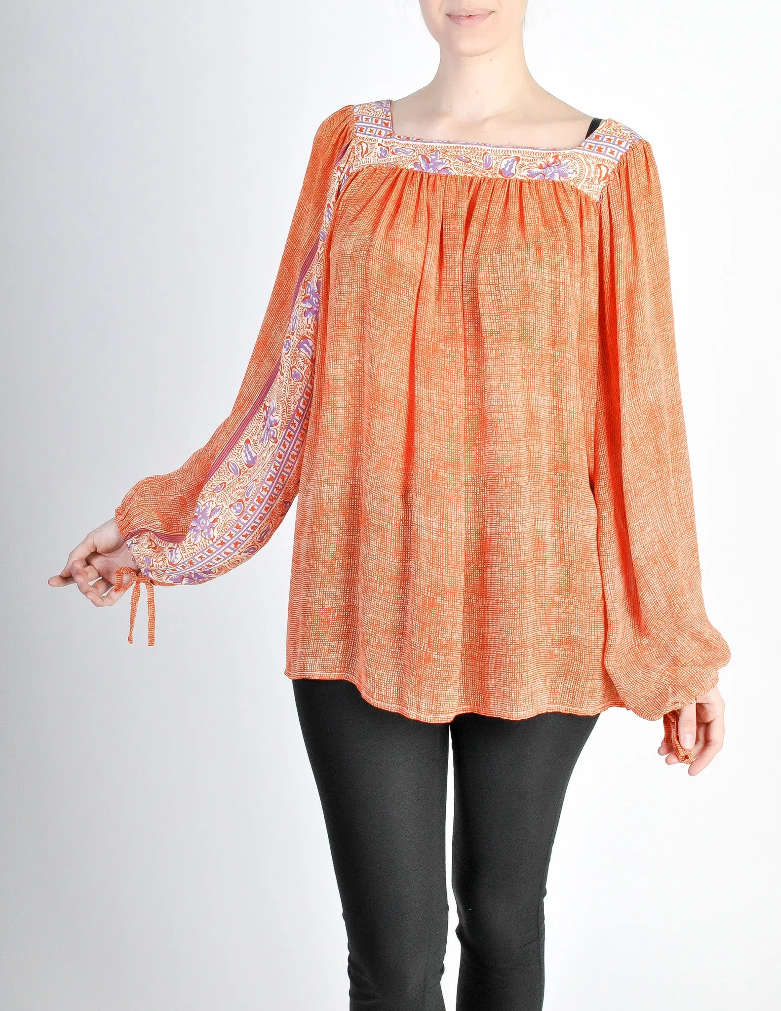 Vintage 1970s Orange Patterned Poet Sleeve Peasant Top