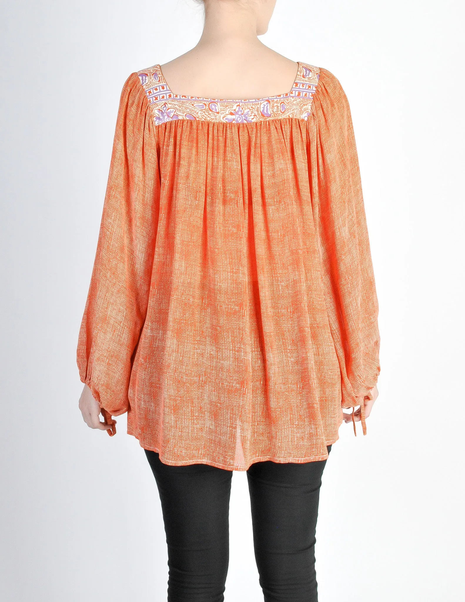 Vintage 1970s Orange Patterned Poet Sleeve Peasant Top