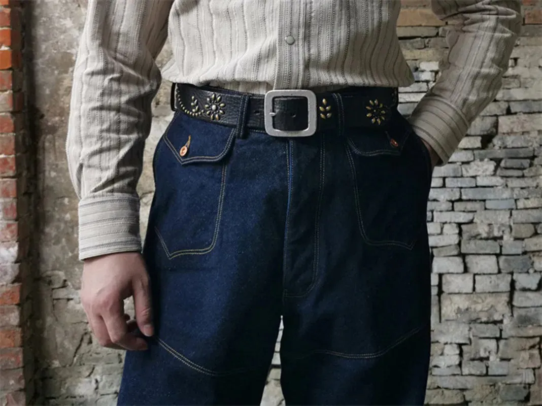 Vintage Men's Denim Wide Leg Cargo Jeans - High Waist Loose Straight Trousers