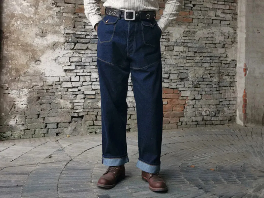 Vintage Men's Denim Wide Leg Cargo Jeans - High Waist Loose Straight Trousers