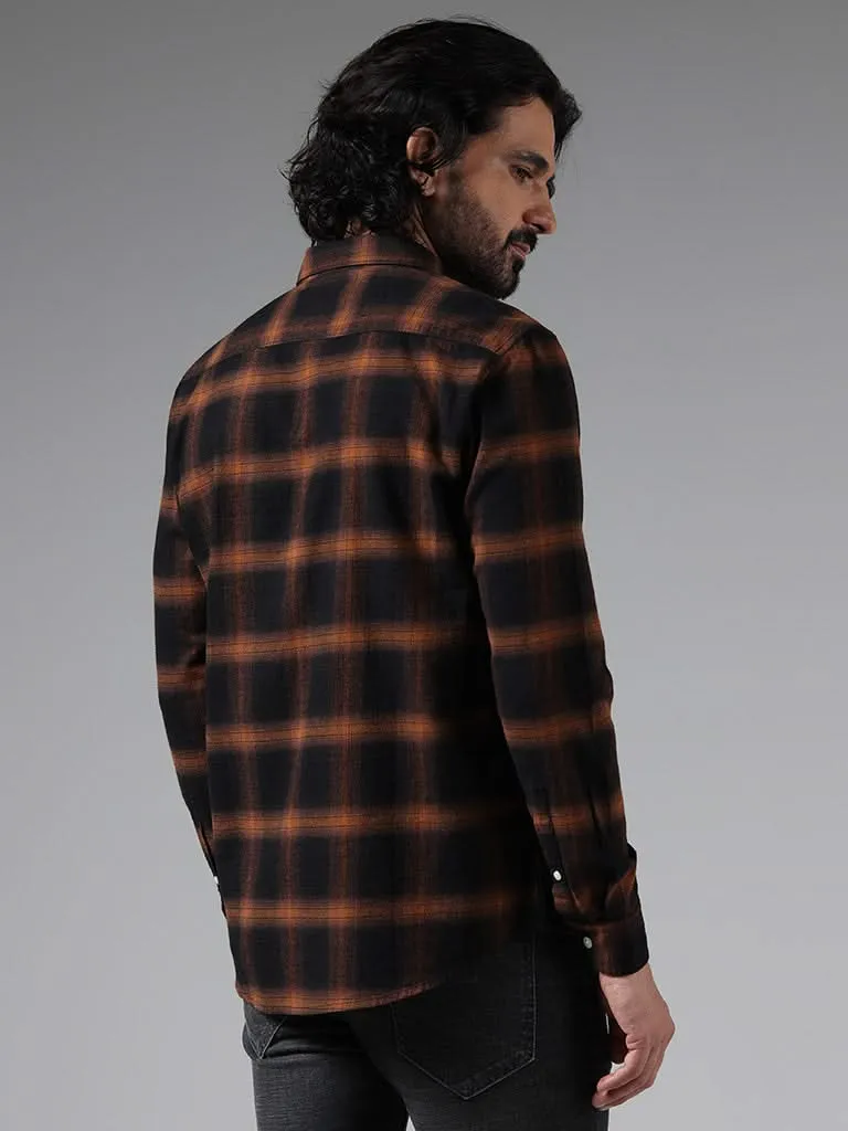 WES Casuals Brown Checked Cotton Slim-Fit Shirt